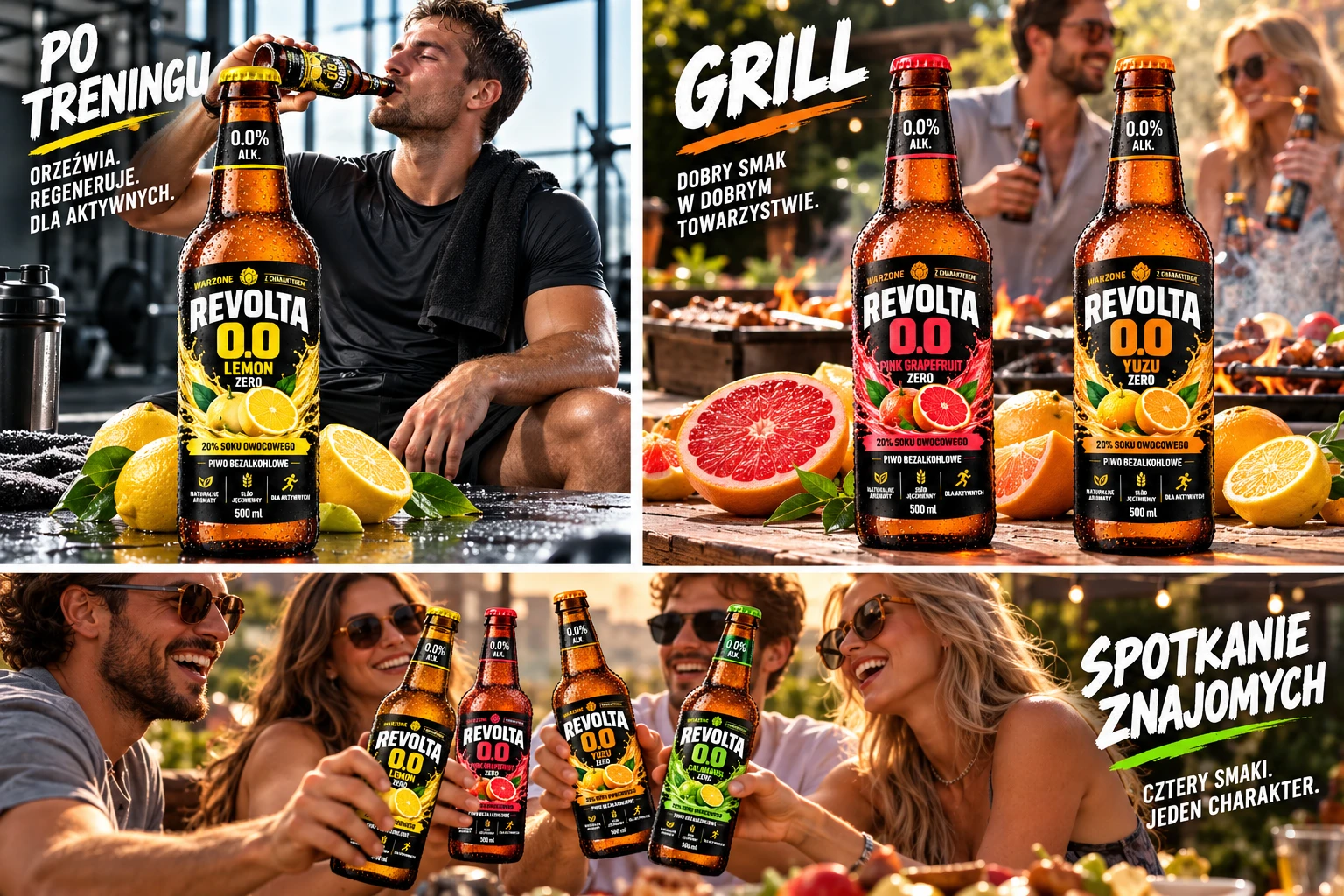 Momenty z Revolta 0.0: po treningu z Lemon Zero (Orzeźwia. Regeneruje. Dla aktywnych.), przy grillu z Pink Grapefruit i Yuzu Zero (Dobry smak w dobrym towarzystwie.), spotkanie znajomych z czterema smakami Revolta 0.0 (Cztery smaki. Jeden charakter.)